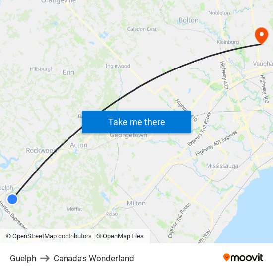 Guelph to Canada's Wonderland map