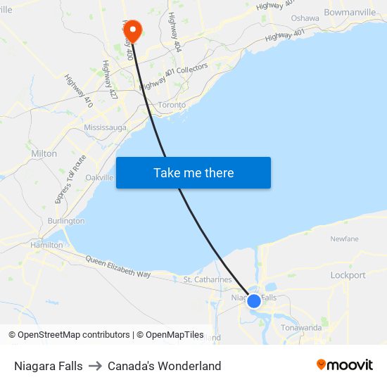 Niagara Falls to Canada's Wonderland map