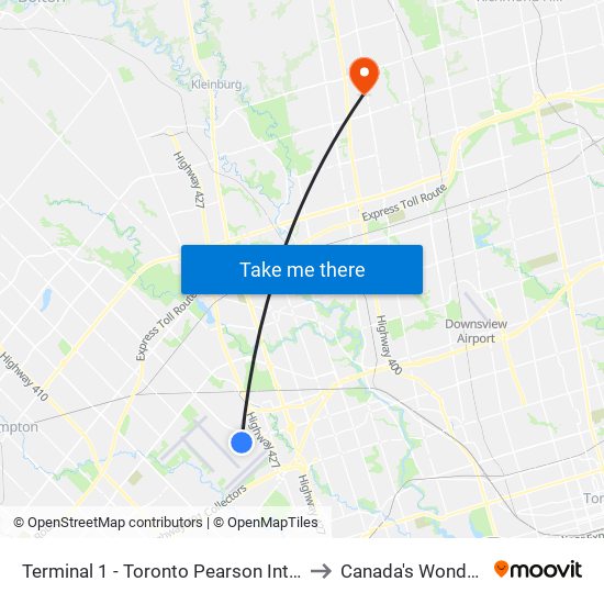 Terminal 1 - Toronto Pearson Int'L Airport to Canada's Wonderland map