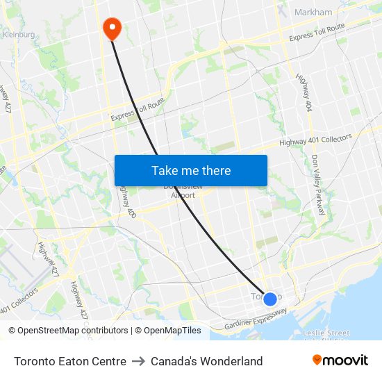 Toronto Eaton Centre to Canada's Wonderland map