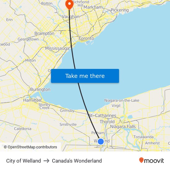 City of Welland to Canada's Wonderland map