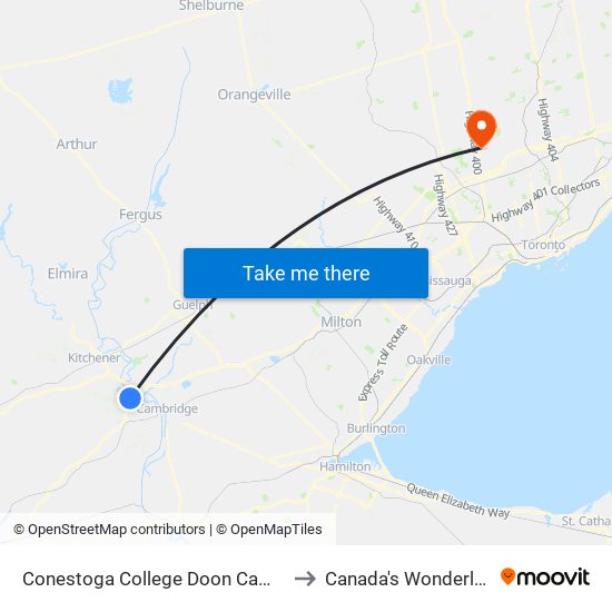 Conestoga College Doon Campus to Canada's Wonderland map