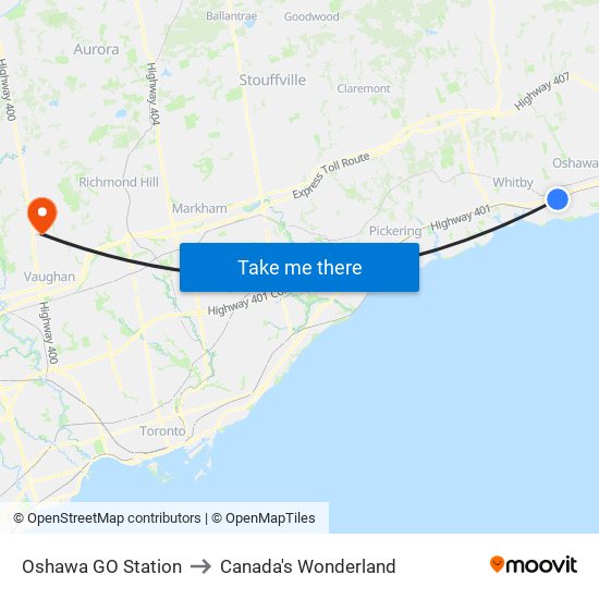 Oshawa GO Station to Canada's Wonderland map