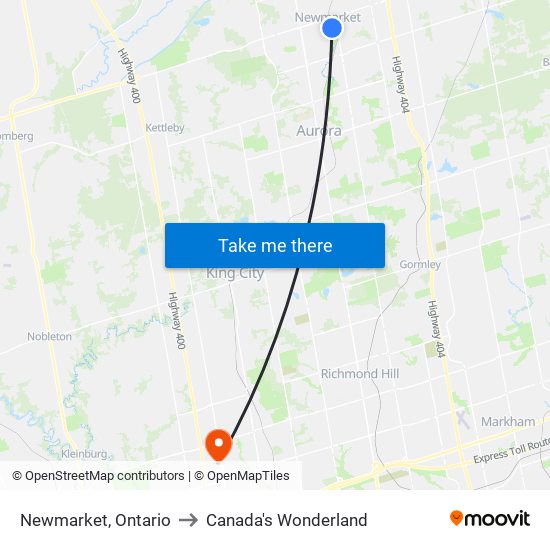 Newmarket, Ontario to Canada's Wonderland map