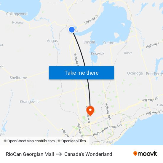 RioCan Georgian Mall to Canada's Wonderland map