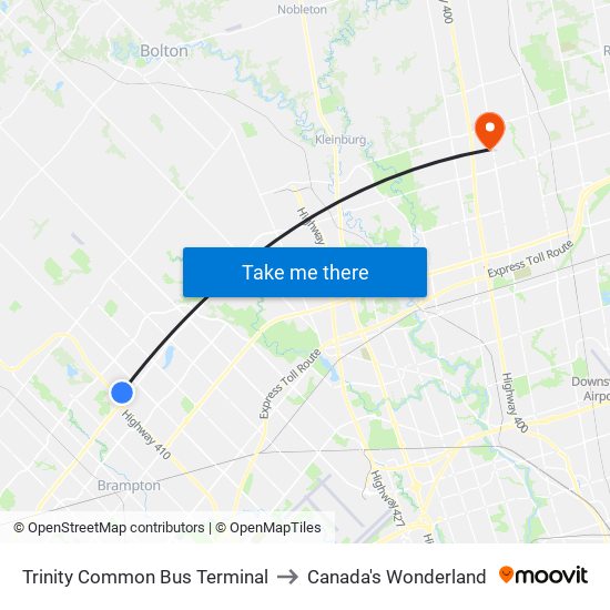 Trinity Common Bus Terminal to Canada's Wonderland map