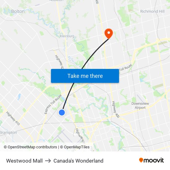 Westwood Mall to Canada's Wonderland map