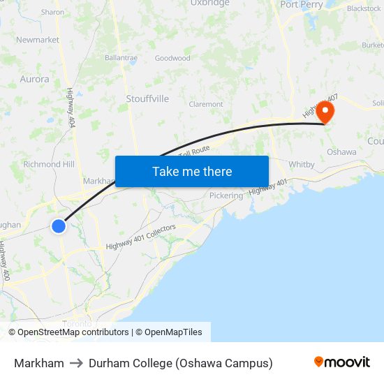 Markham to Durham College (Oshawa Campus) map