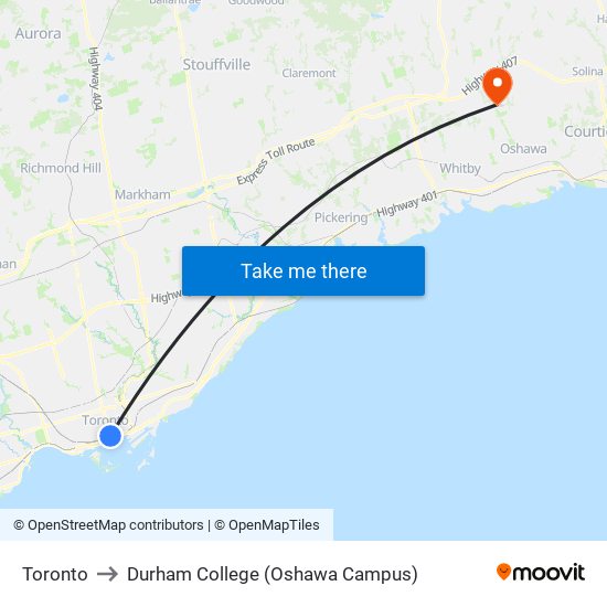 Toronto to Durham College (Oshawa Campus) map