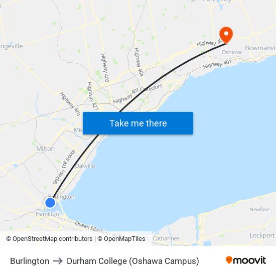 Burlington to Durham College (Oshawa Campus) map