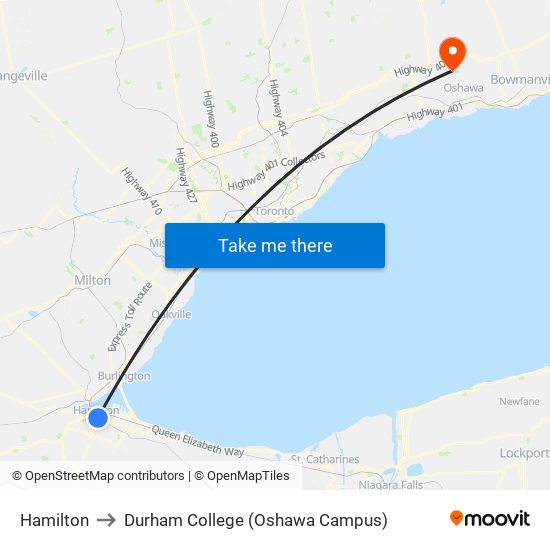 Hamilton to Durham College (Oshawa Campus) map