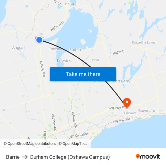 Barrie to Durham College (Oshawa Campus) map