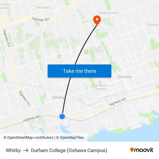 Whitby to Durham College (Oshawa Campus) map