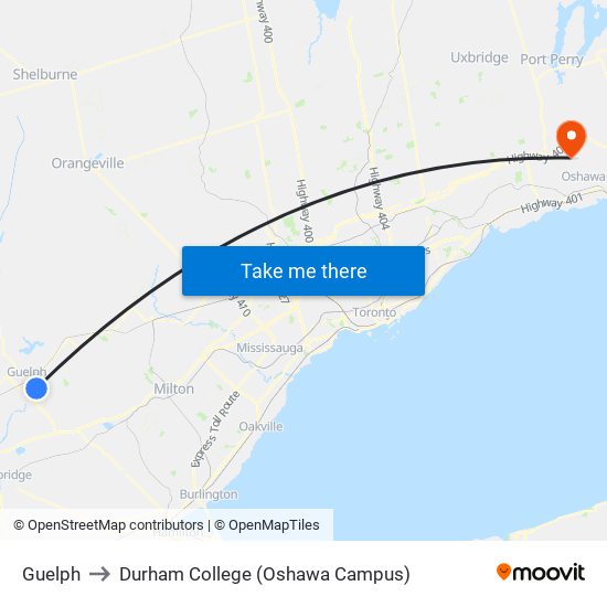 Guelph to Durham College (Oshawa Campus) map