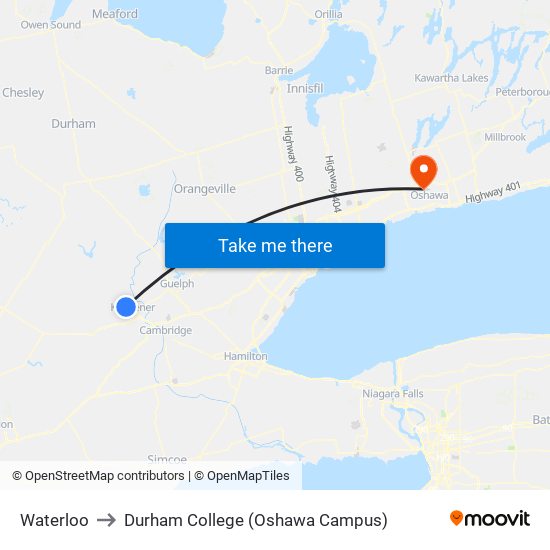 Waterloo to Durham College (Oshawa Campus) map