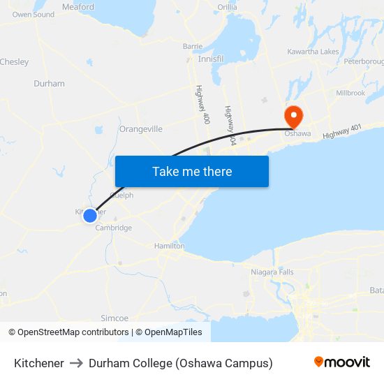 Kitchener to Durham College (Oshawa Campus) map