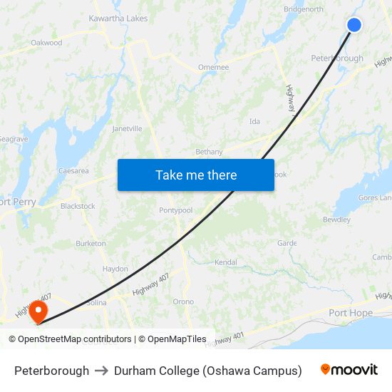 Peterborough to Durham College (Oshawa Campus) map