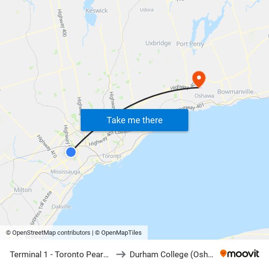 Terminal 1 - Toronto Pearson Int'L Airport to Durham College (Oshawa Campus) map