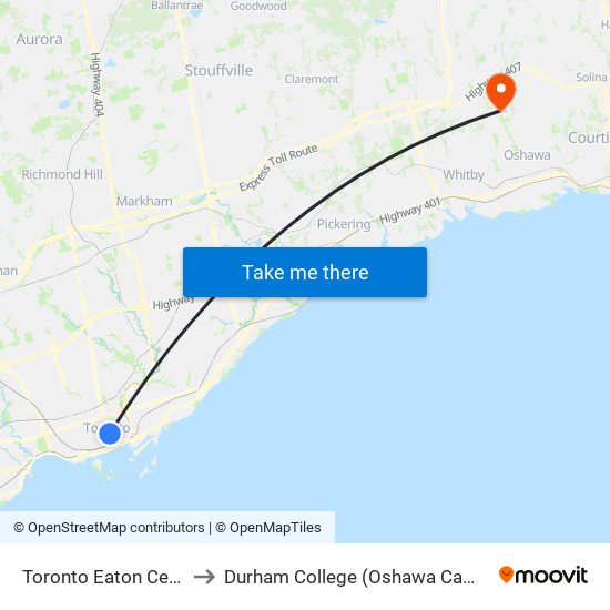 Toronto Eaton Centre to Durham College (Oshawa Campus) map