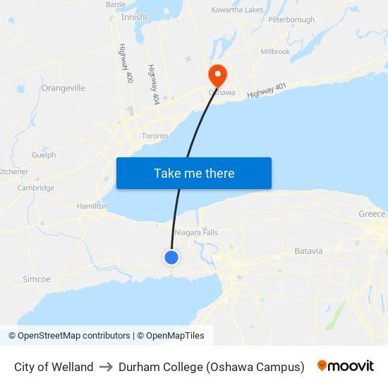 City of Welland to Durham College (Oshawa Campus) map