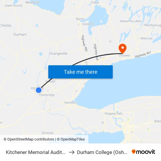 Kitchener Memorial Auditorium Complex to Durham College (Oshawa Campus) map