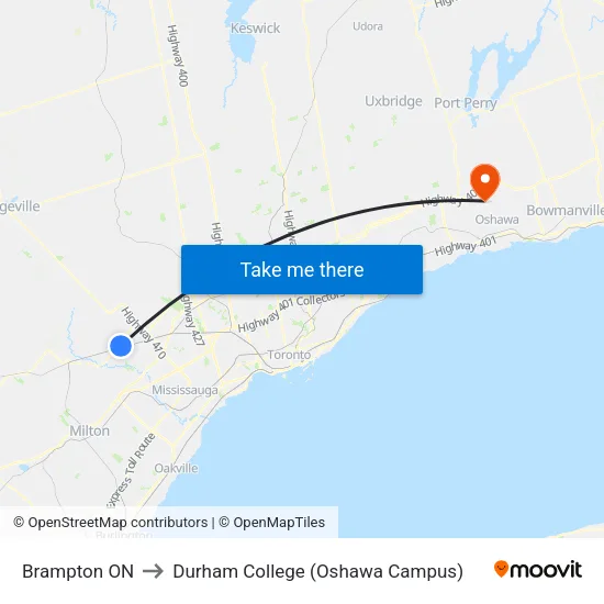 Brampton ON to Durham College (Oshawa Campus) map