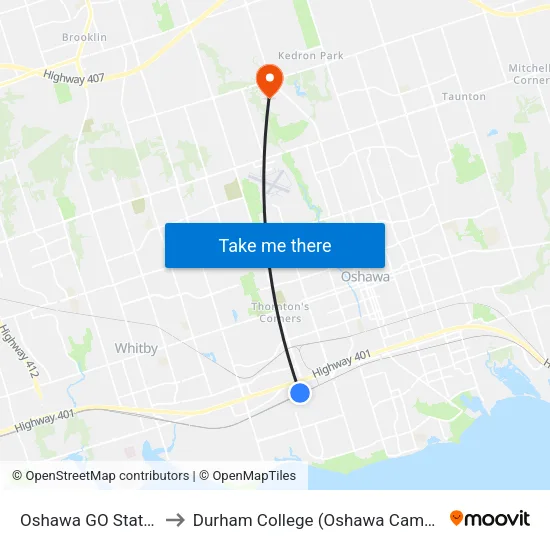 Oshawa GO Station to Durham College (Oshawa Campus) map