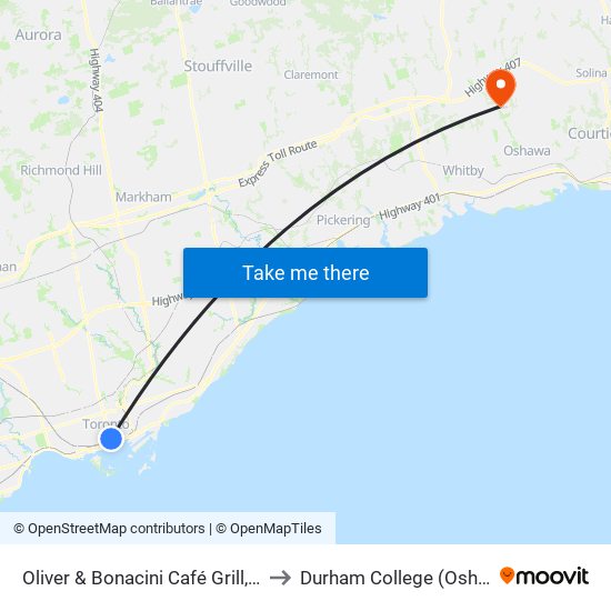 Oliver & Bonacini Café Grill, Yonge and Front to Durham College (Oshawa Campus) map