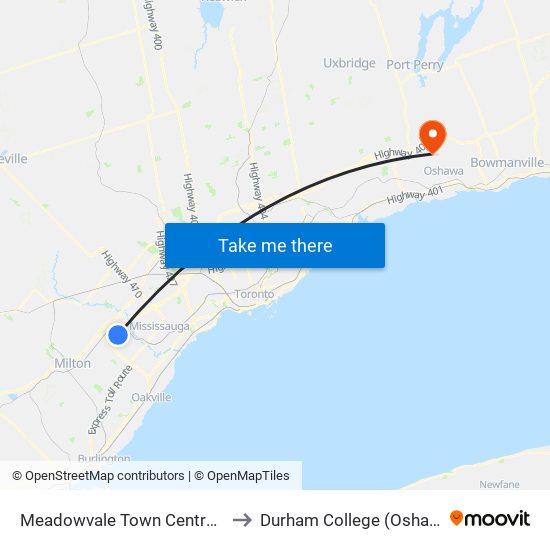 Meadowvale Town Centre Bus Terminal to Durham College (Oshawa Campus) map