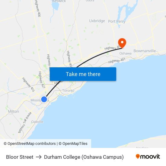 Bloor Street to Durham College (Oshawa Campus) map