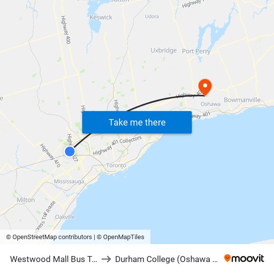 Westwood Mall Bus Terminal to Durham College (Oshawa Campus) map