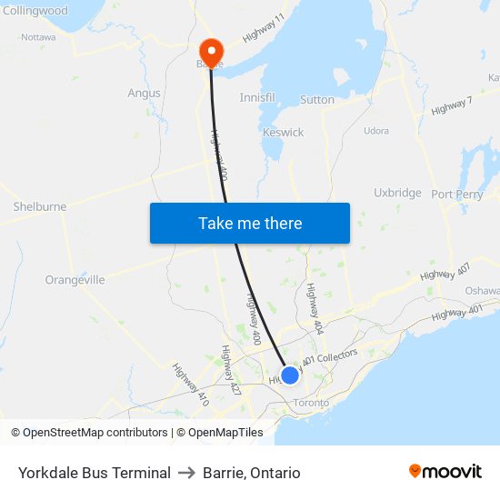 Yorkdale Bus Terminal to Barrie, Ontario map