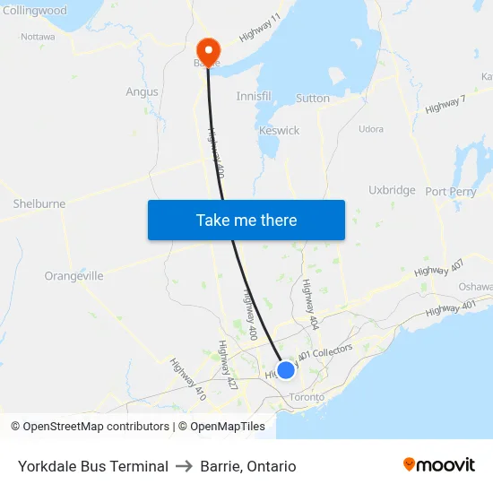 Yorkdale Bus Terminal to Barrie, Ontario map
