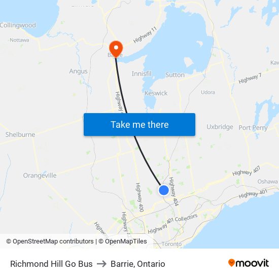 Richmond Hill Go Bus to Barrie, Ontario map
