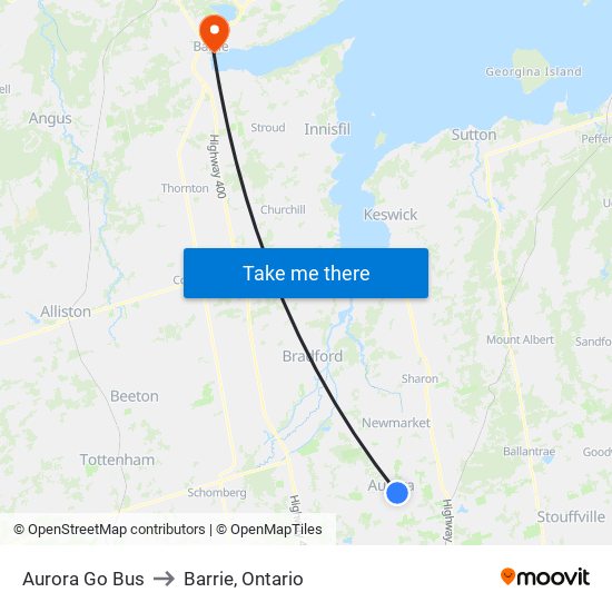 Aurora Go Bus to Barrie, Ontario map