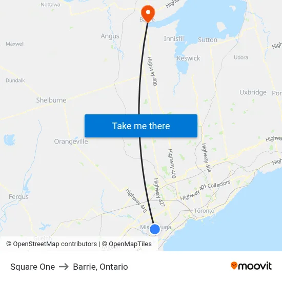 Square One to Barrie, Ontario map