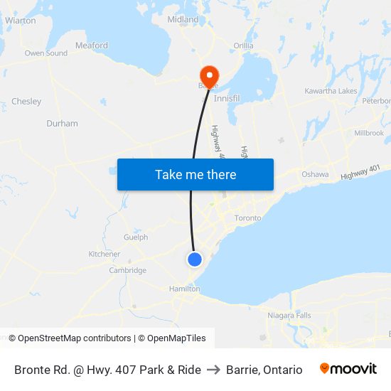 Bronte Rd. @ Hwy. 407 Park & Ride to Barrie, Ontario map