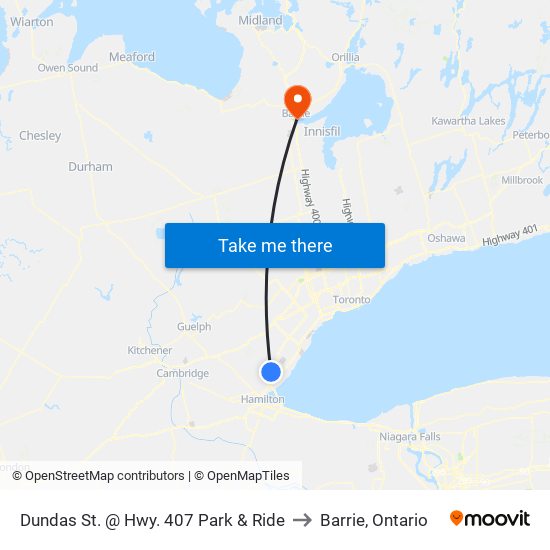 Dundas St. @ Hwy. 407 Park & Ride to Barrie, Ontario map