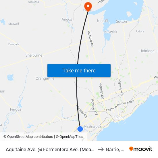 Aquitaine Ave. @ Formentera Ave. (Meadowvale Town Centre) to Barrie, Ontario map