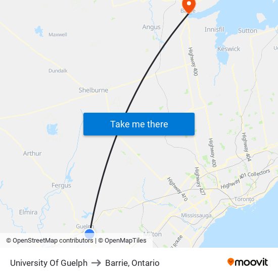 University Of Guelph to Barrie, Ontario map