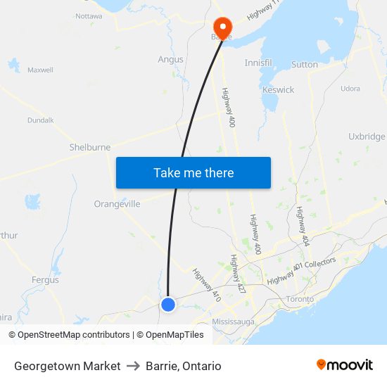 Georgetown Market to Barrie, Ontario map