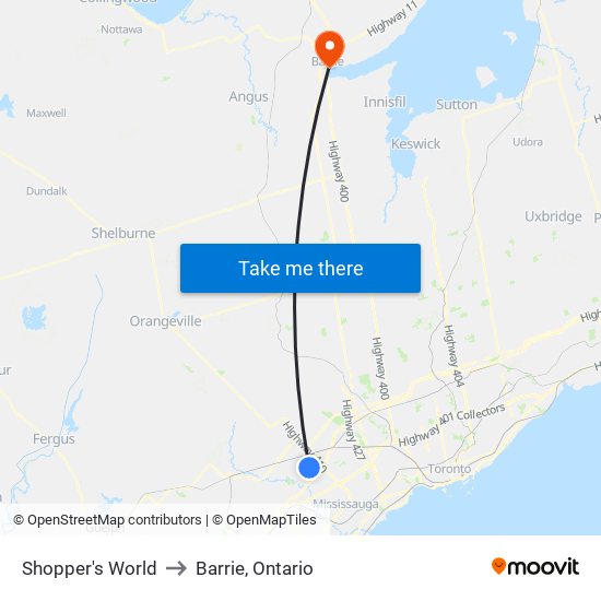 Shopper's World to Barrie, Ontario map