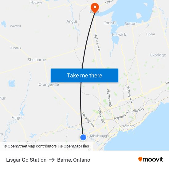 Lisgar Go Station to Barrie, Ontario map