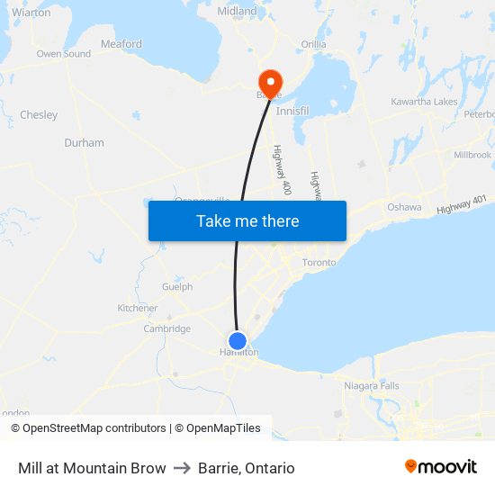 Mill at Mountain Brow to Barrie, Ontario map