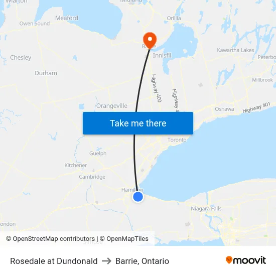 Rosedale at Dundonald to Barrie, Ontario map