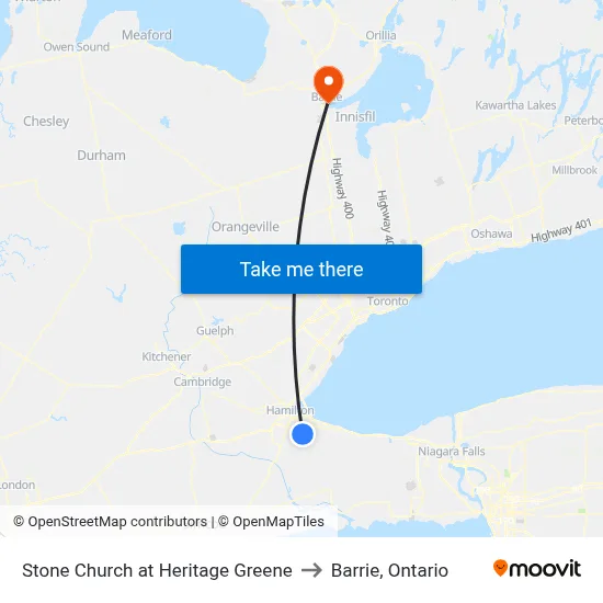 Stone Church at Heritage Greene to Barrie, Ontario map