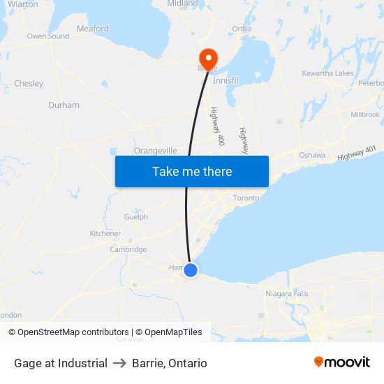 Gage at Industrial to Barrie, Ontario map