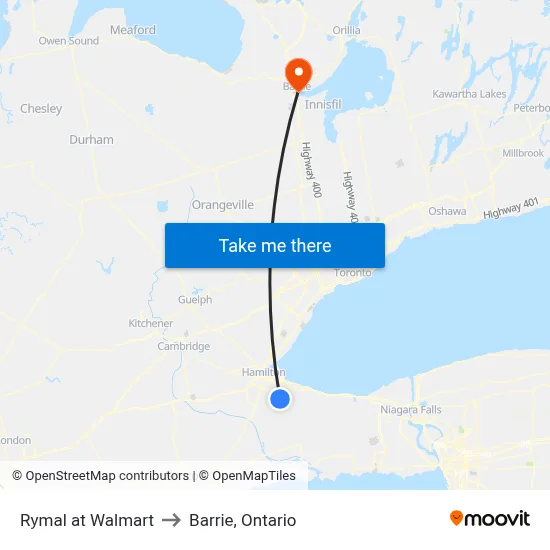 Rymal at Walmart to Barrie, Ontario map