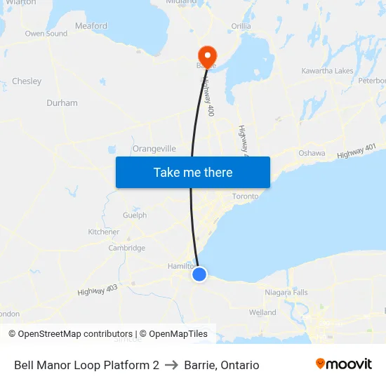 Bell Manor Loop Platform 2 to Barrie, Ontario map