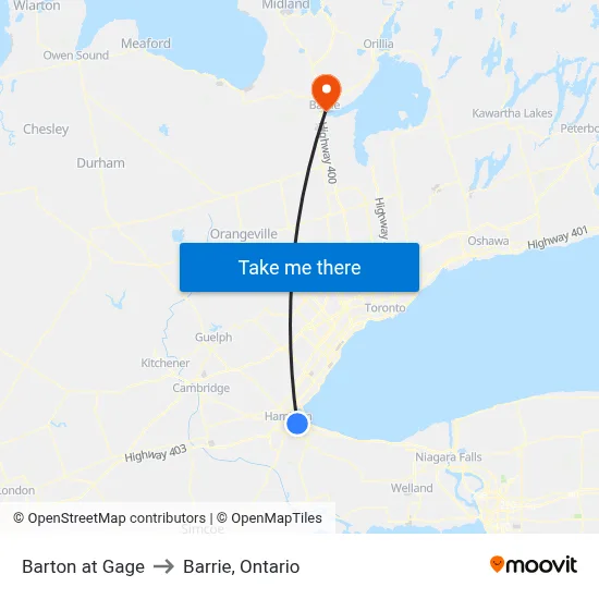Barton at Gage to Barrie, Ontario map